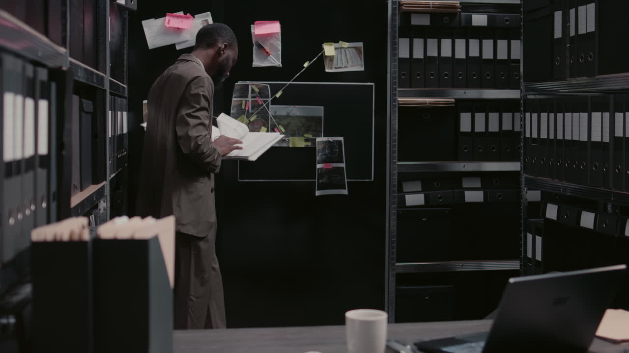 Detective working on a crime scene investigation with an evidence board