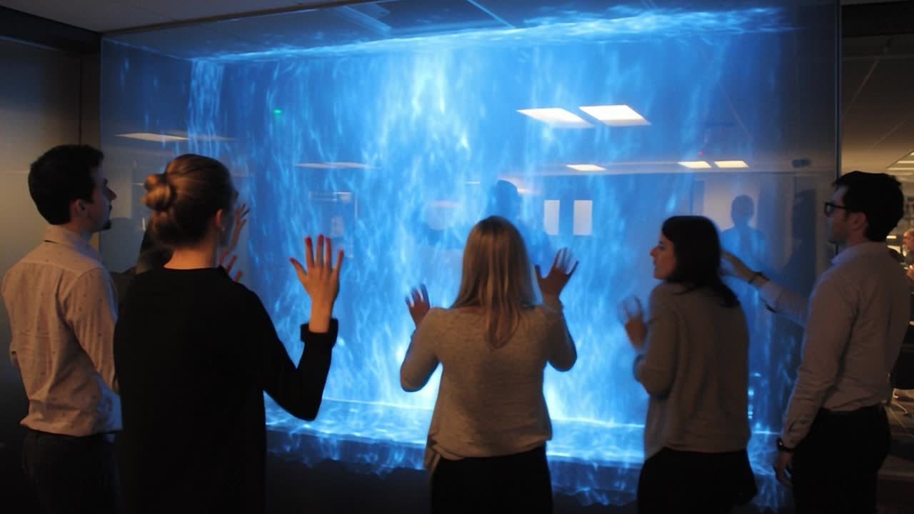 Miembros del equipo interactúan con una innovadora pantalla digital en una oficina moderna