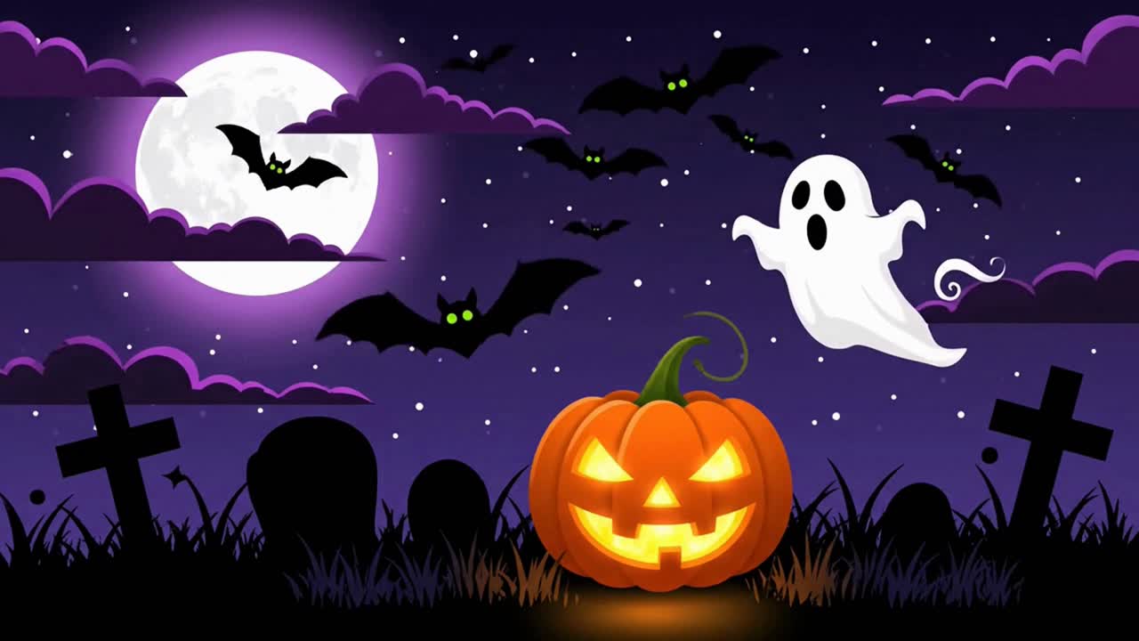 Spooky Halloween night scene with a jack-o'-lantern in a graveyard