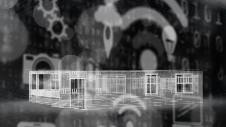Animação de casa 3D e processamento de dados com ícones