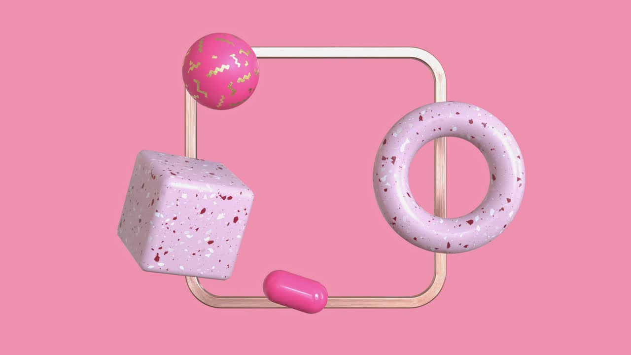 rendering 3d gráfico de movimiento forma geométrica rosada y marco cuadrado dorado