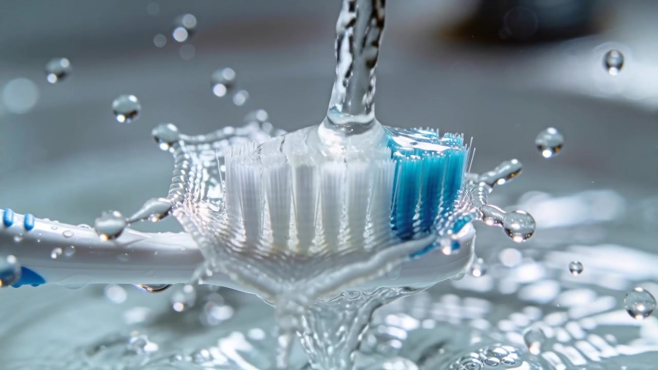 Rubinetto che emette un getto d'acqua che colpisce la testina dello spazzolino nel lavandino, sciacquando le setole e formando una corona d'acqua.