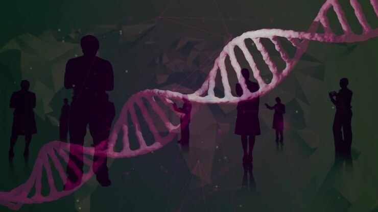 Beim Abspielen bewegt sich eine Doppelhelix nach rechts und wellt sich, enthüllt Silhouetten und verbindet Menschen visuell.