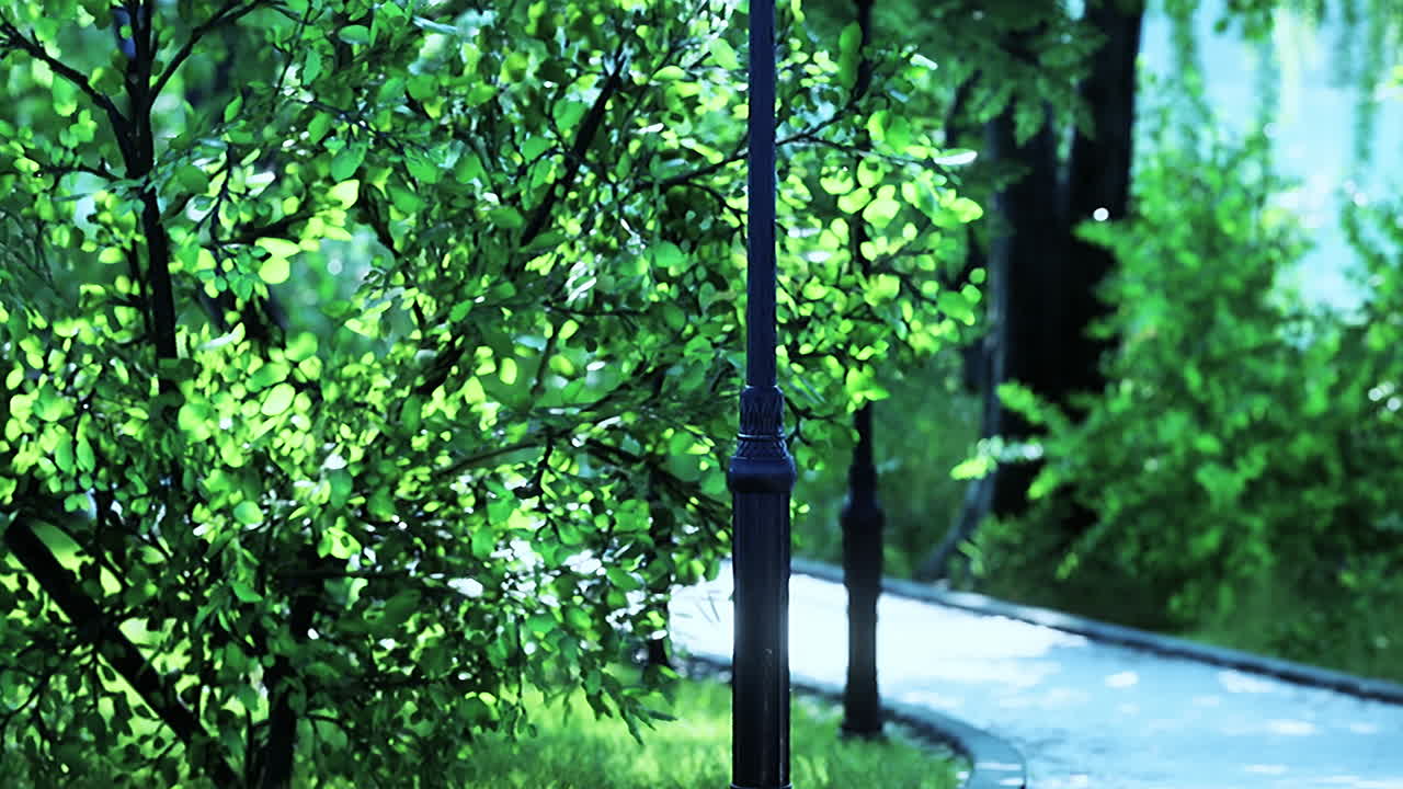 평화로운 초록색 도시 공원을 가로질러 휘어지는 돌길의 경치 좋은 전망