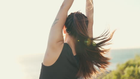 woman at beach, stretching and yoga with fitness