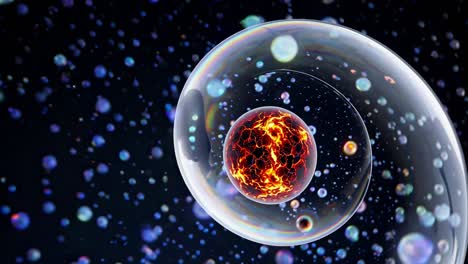visualización científica de un planeta o estructura celular dentro de una burbuja