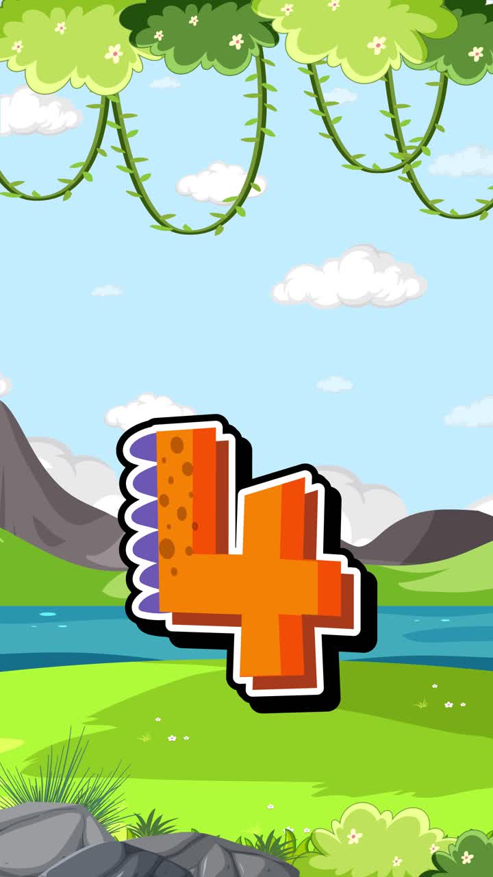 Dinosaurs appear sequentially in a colorful landscape, emphasizing the number four with playful animation