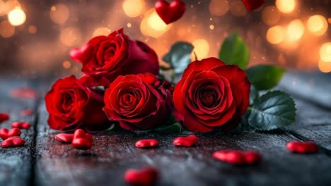 red roses on a wood table. red roses with green leaves sit on a wooden table surrounded by heart-shaped decor and soft, warm lights.