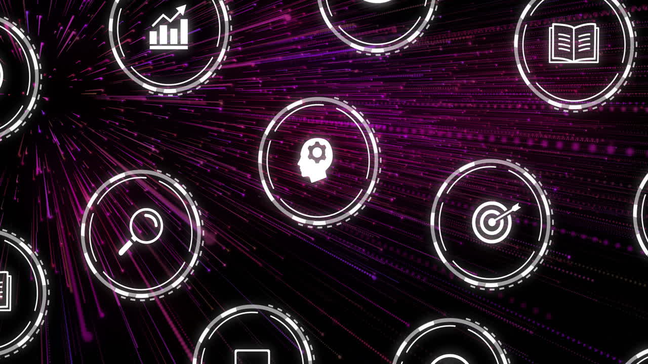 Animation of digital icons and data processing on black background