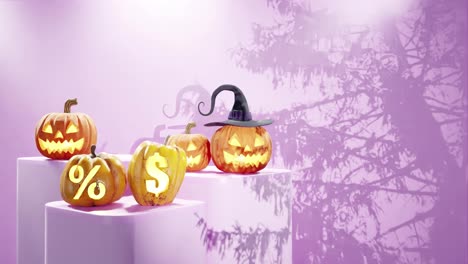 halloween-themed display with carved pumpkins on platforms, one with a witch hat and others with percentage and dollar signs, shadows of branches on a pink background