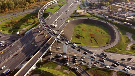 aerial view of a freeway intersection traffic trails in moscow.