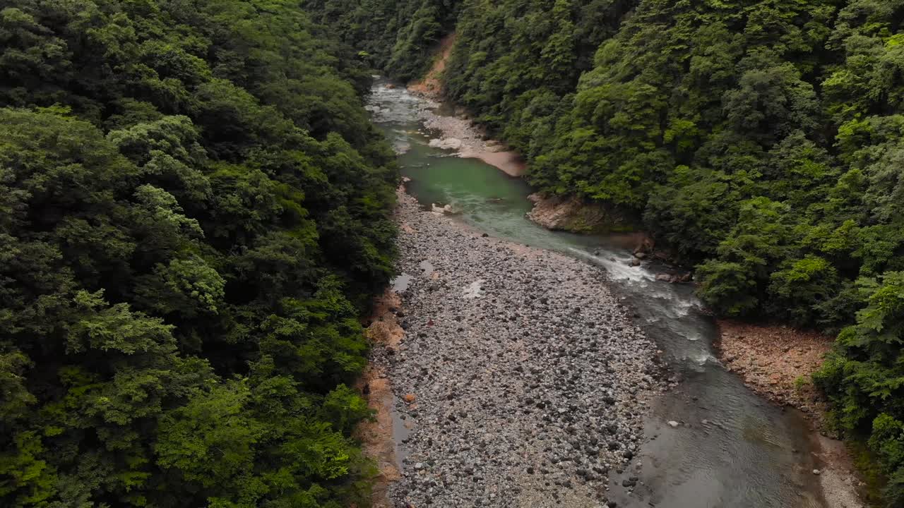 el dron aéreo lento se inclina hacia arriba sobre el río y el valle rocoso rodeado de bosque verde en un día nublado y con niebla