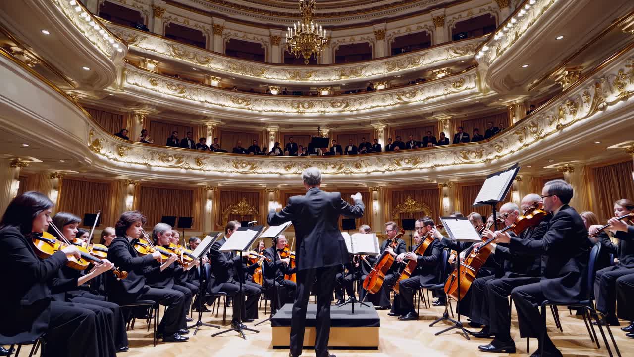 Un video grandangolare che cattura un'orchestra che si esibisce in un teatro sontuoso