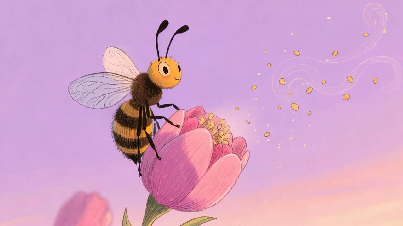 Bee collecting nectar on a flower with floating pollen