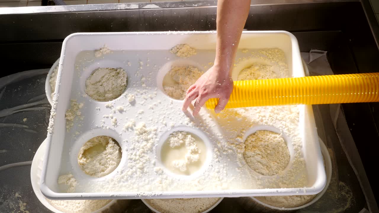 close up on cheese maker putting fresh cheese in the molds- Cheese Factory