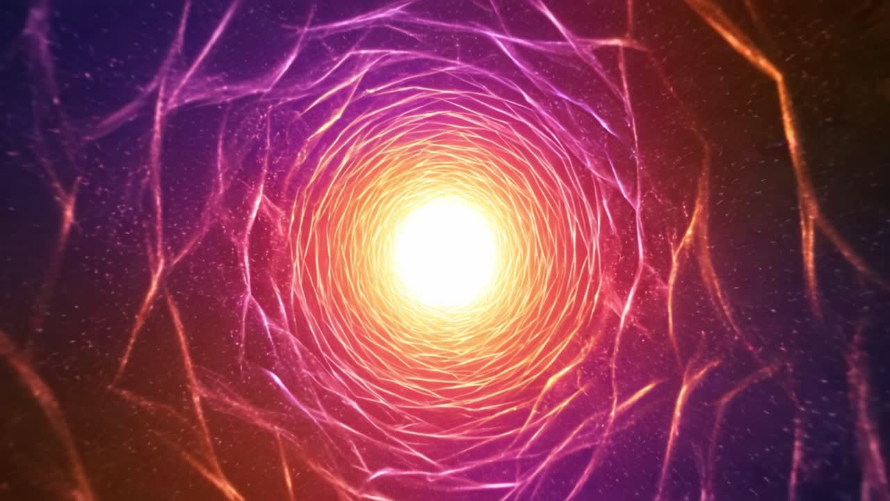 This captivating visual showcases a vibrant energy vortex spiraling inward toward a luminous core. The colors transition smoothly from deep purples and blues to fiery oranges and yellows, creating a mesmerizing effect that draws viewers into the center. The swirling patterns and dynamic motion evoke