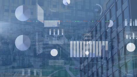 animation of screens with statistical data processing against aerial view of cityscape