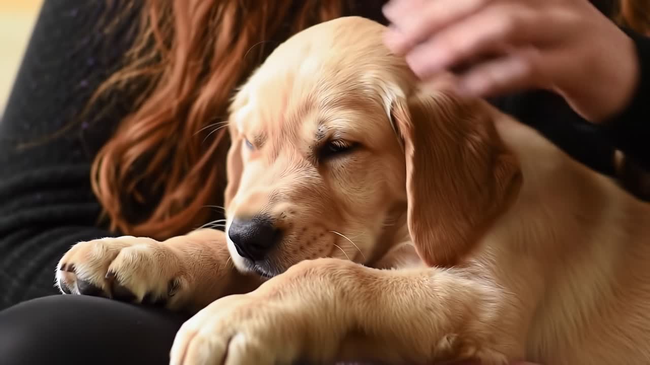 Cuddly Golden Retriever Puppy Enjoying Gentle Affection from a Caring Human, Relaxing in Warm Embrace While Showcasing Adorable Expressions and Playful Nature