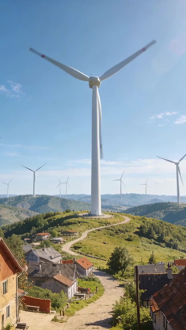 Video verticale: Turbina eolica bianca che gira, raccogliendo la brezza su una collina e alimentando le case del villaggio.