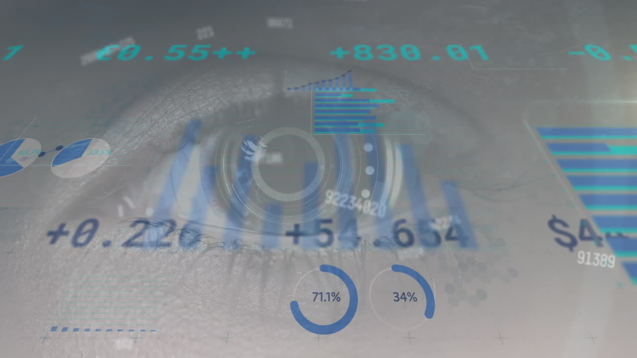 카우카시안 여성의 눈 위에서 데이터 처리의 애니메이션