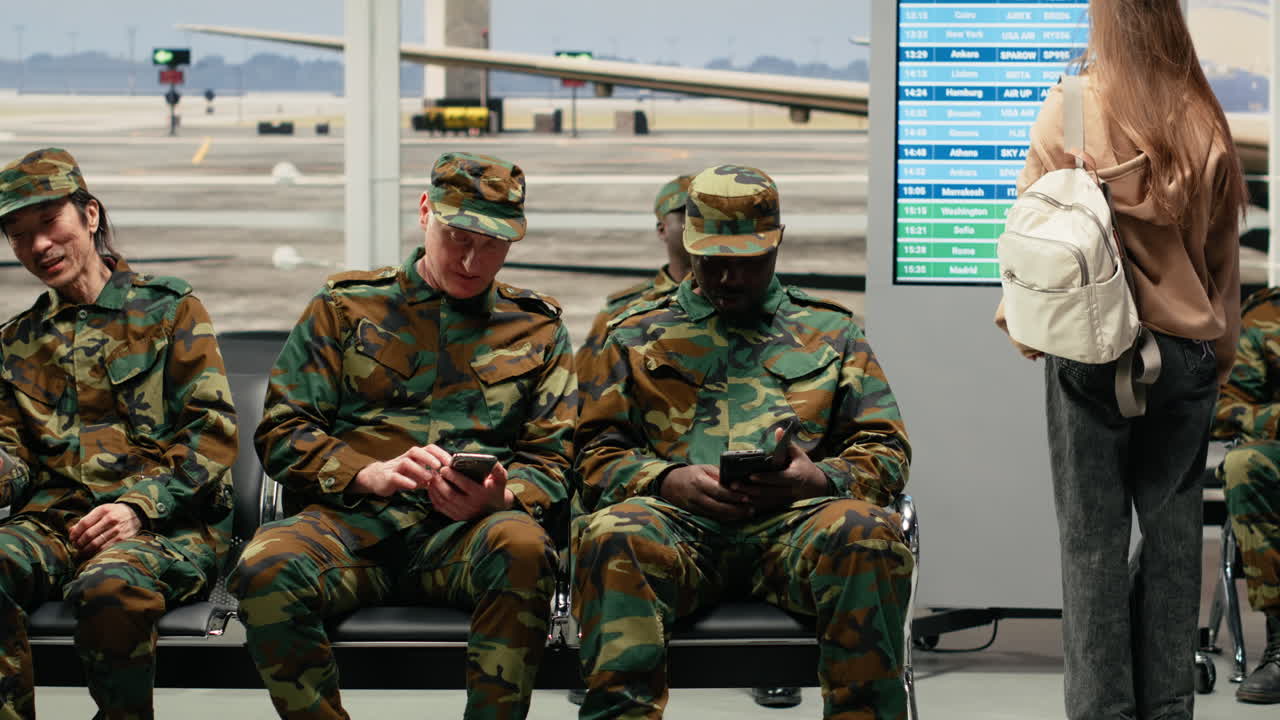 Timelapse of army soldiers in airport traveling together home, talking