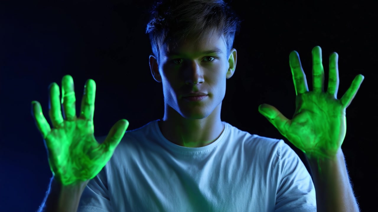 A young man stands confidently with glowing green hands raised, illuminated in a dramatic lighting setup that highlights his calm expression and creative flair.