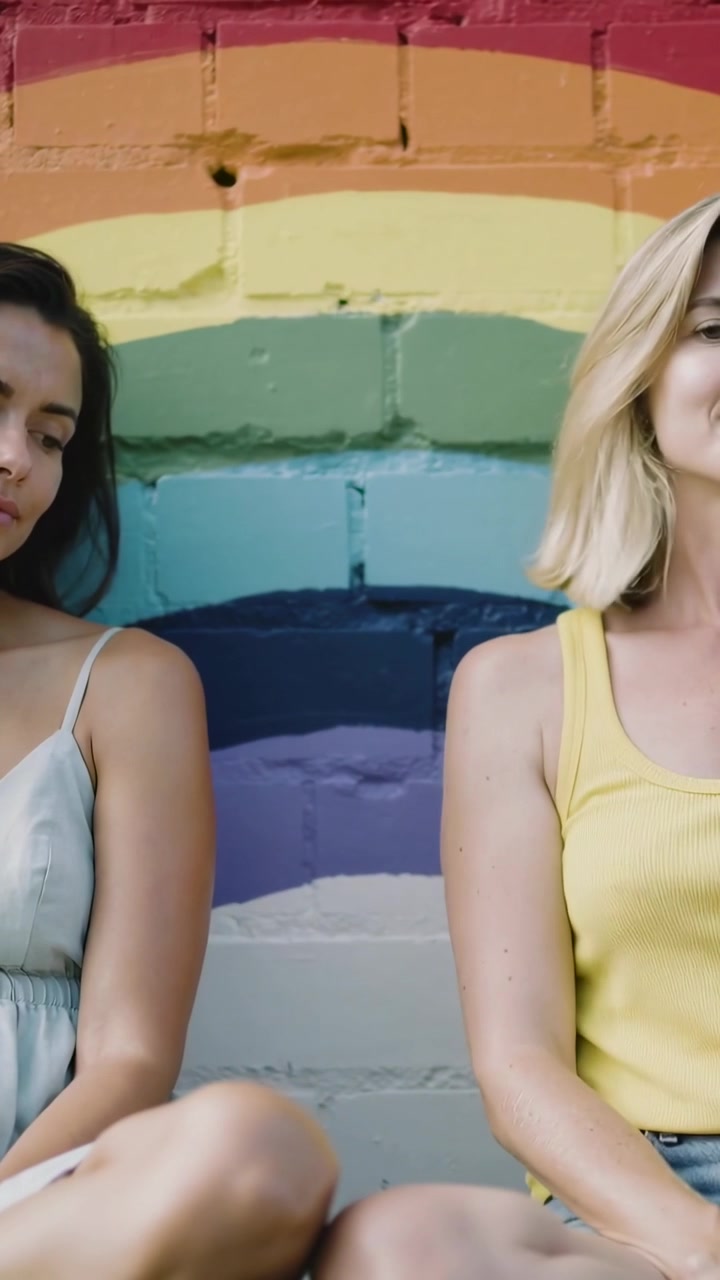 Vertical video: Panning camera, women shifting gaze on bench at rainbow wall in dress and tank