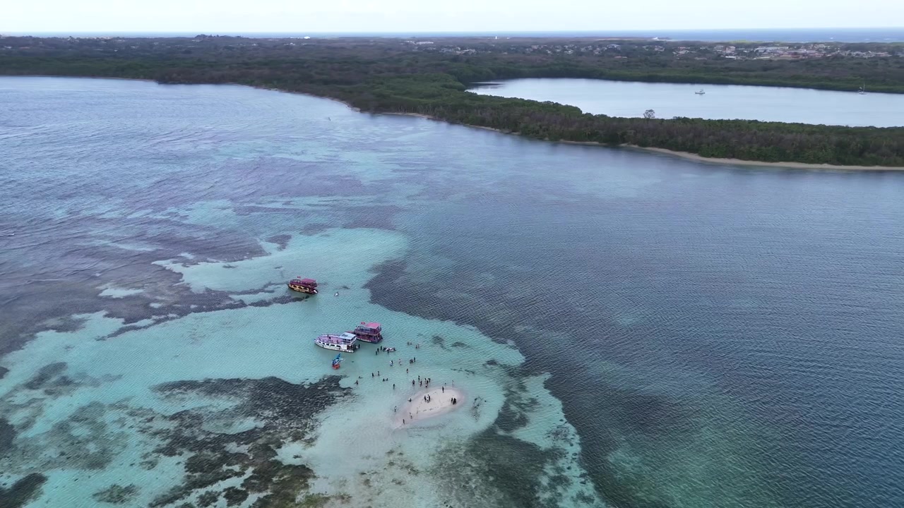 Luftfoto af turbåde og turister ved Nylon Pool, en naturlig sandbanke ud for kysten i Det Caribiske Hav. Lavt turkist vand over koralrev nær Buccoo Reef, Tobago Ø, Vestindien