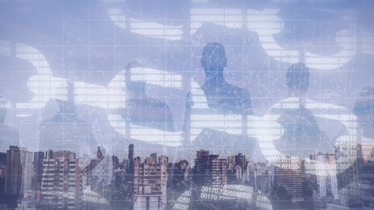 온라인 보안 체인 및 도시 풍경 배경에 대한 사람들의 실루 ⁇ 의 애니메이션