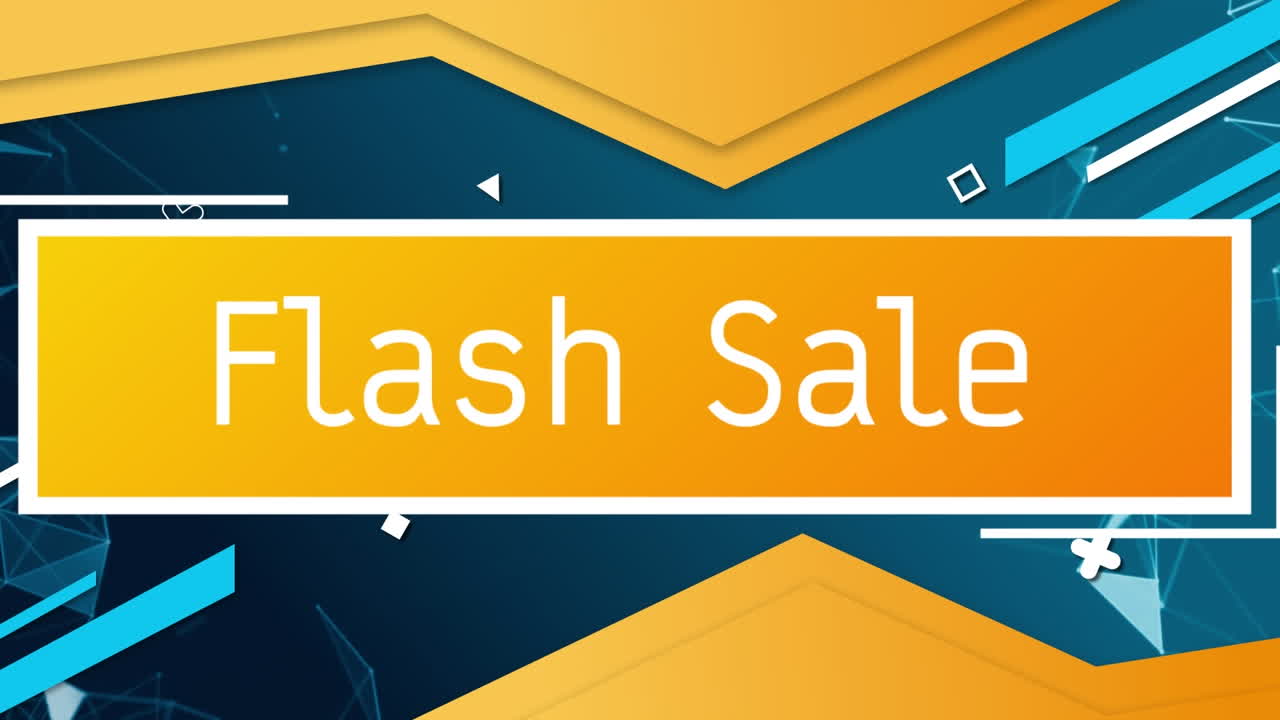 Animazione del testo "vendita flash" in bianco su banner arancione su sfondo blu con forme in movimento