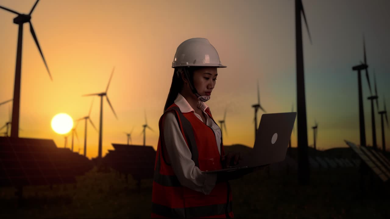 Side View Of Asian Female Engineer In A Helmet Working On A Laptop While Standing In Front Of Wind Turbines Rotating At Sunset