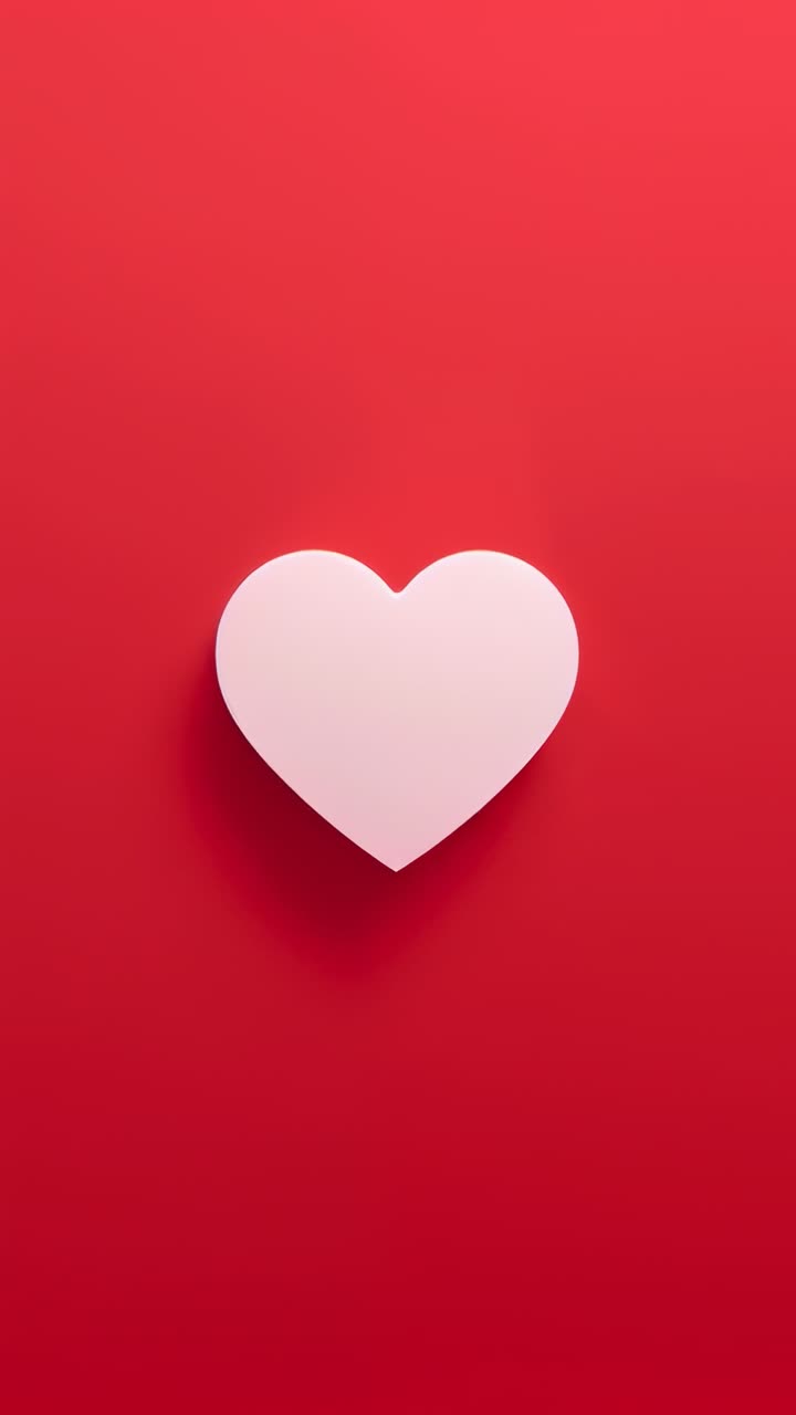 Video verticale: cuore bianco seduto al centro su sfondo rosso in studio, illuminazione soffusa che cambia