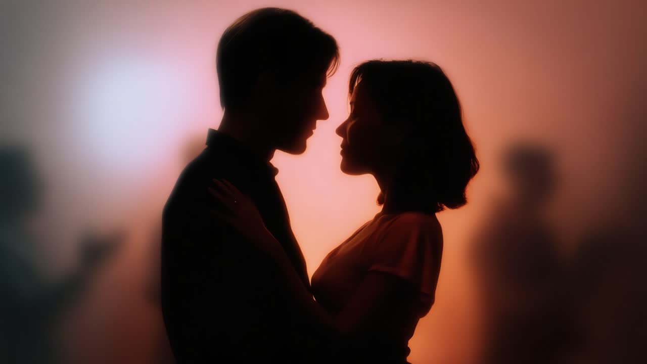 A Romantic Moment Captured: Silhouetted Couple Embracing in a Dreamlike Atmosphere with Soft Lighting and Intimate Connection Amidst a Colorful Background
