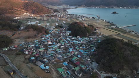 Beautiful-aerial-cityscape-of-Namhae,-South-Korea