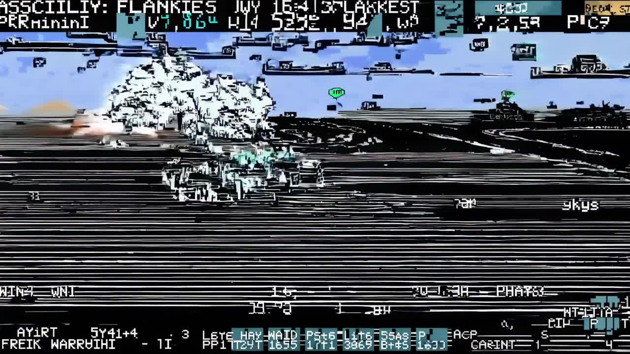 Aerial video footage with glitch art style, showcasing a distorted landscape with digital noise