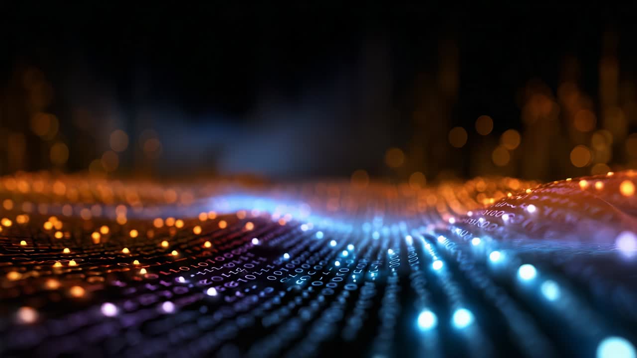 Dynamic Wave of Illuminated Data Flow Representation with Colorful Binary Sequences, Showcasing the Intersection of Technology and Art in a Captivating Digital Landscape Display