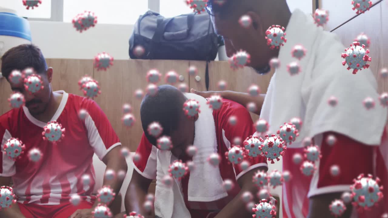 변기실에서 남성 축구 선수들의 다양한 그룹 위에 떠다니는 바이러스 세포의 애니메이션