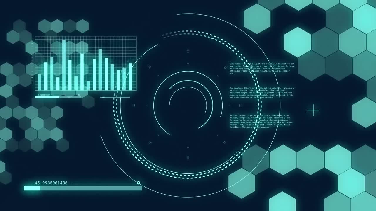 Animation of scopes and computer data processing over dark background