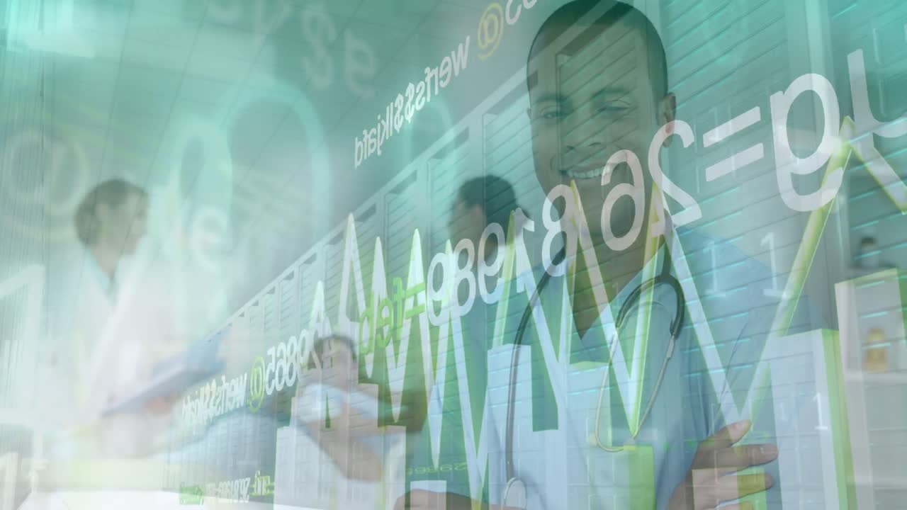 animación de datos financieros y gráficos sobre feliz médico masculino biracial