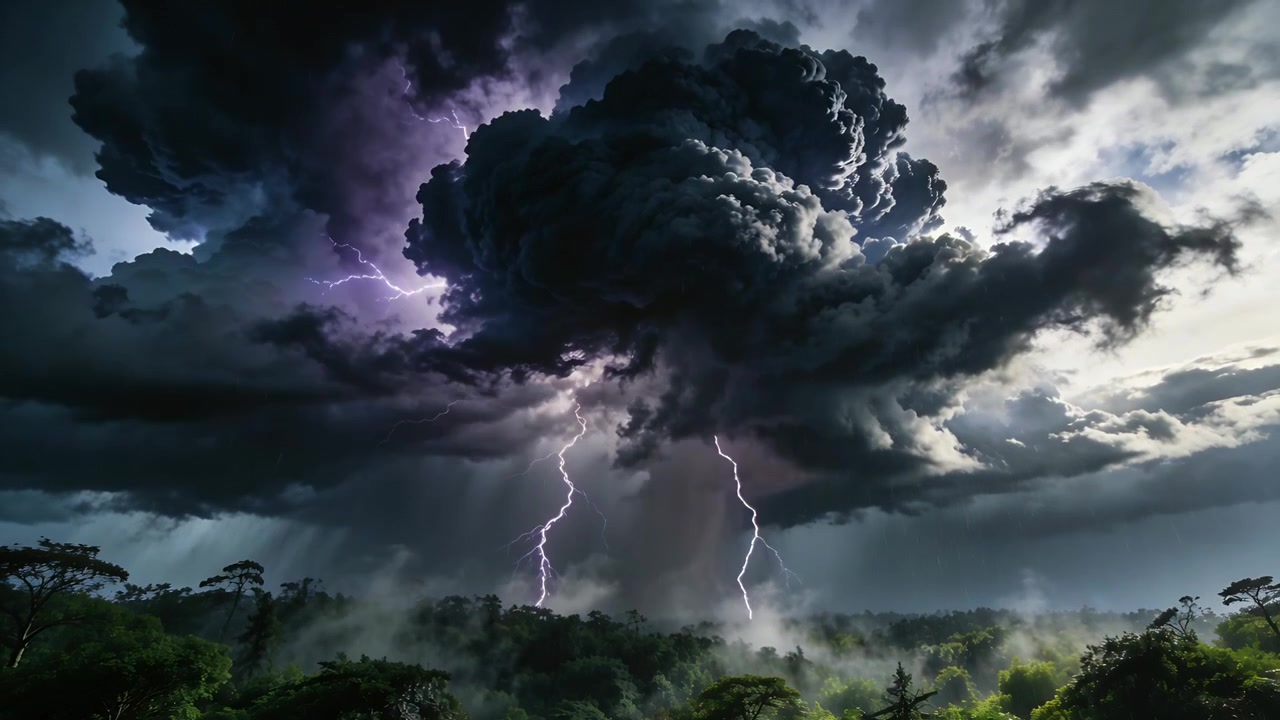 Lynende cumulonimbus-sky sender forgrenede lyn hen over skovhorisonten, der oplyser tåge og regn.