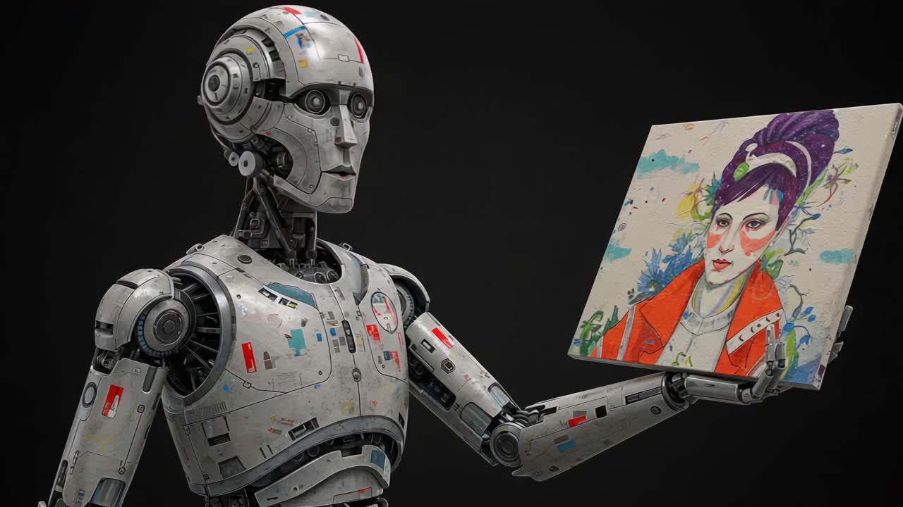 A Futuristic Robot Holds a Colorful Portrait, Merging Technology and Art in a Captivating Display of Creative Expression and Mechanical Innovation