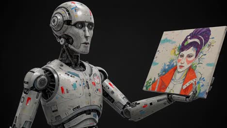 a futuristic robot holds a colorful portrait, merging technology and art in a captivating display of creative expression and mechanical innovation