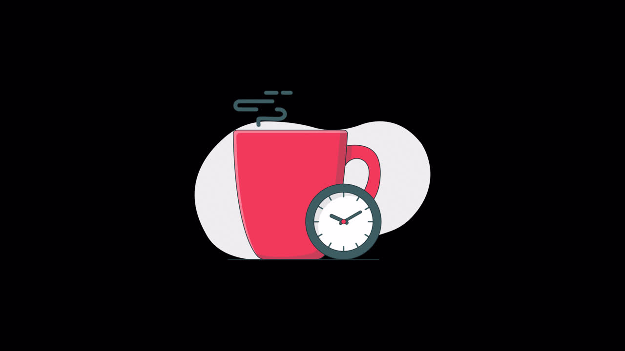 Taza de café animada con un reloj mostrando el paso del tiempo.
