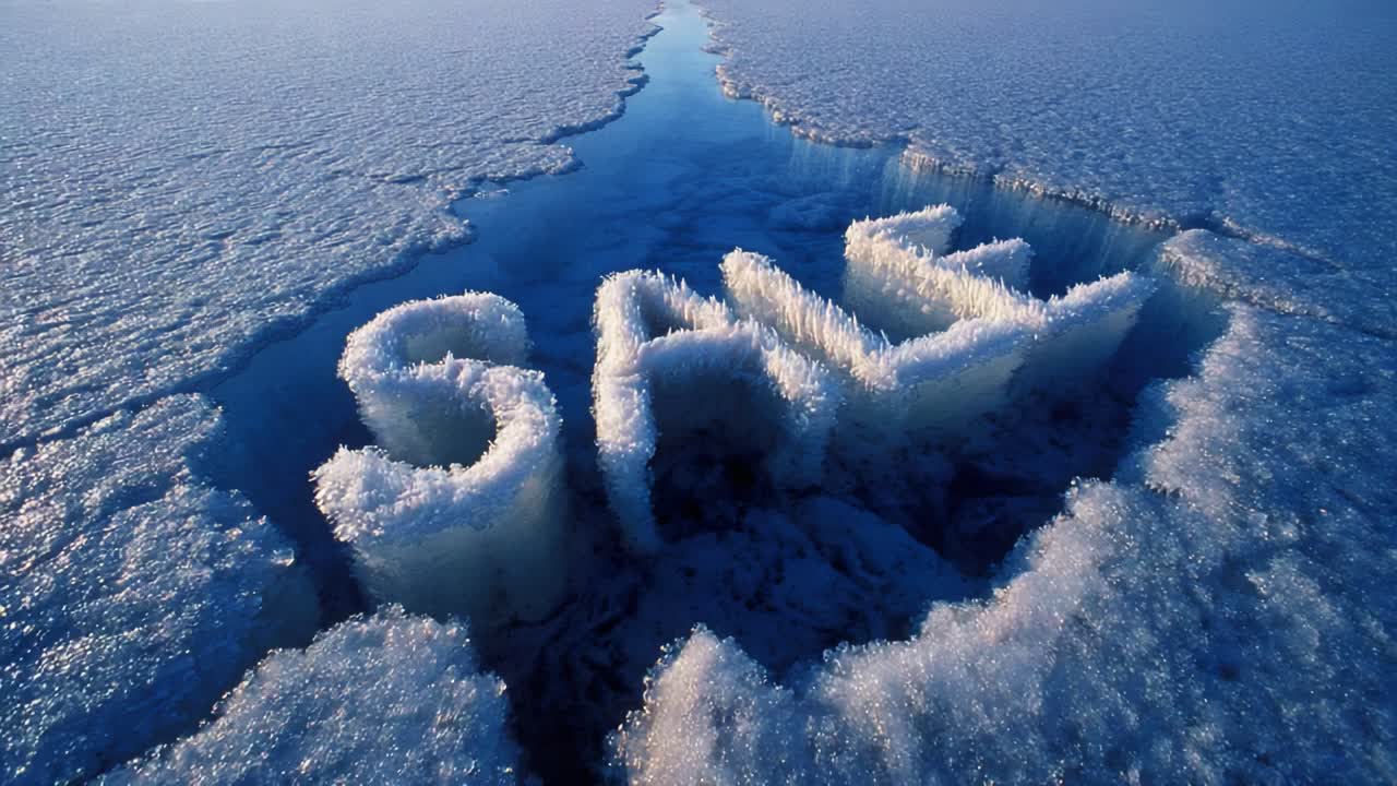 Frozen Letters in Ice: Captivating Ice Sculpture Displaying 'SALE' on a Frozen Surface with Glimmering Water Reflecting Light in the Background