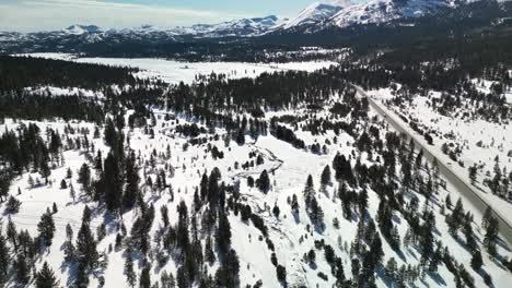 Aerial-view-of-California-Sierra-Nevada-wilderness,-lake-and-mountains