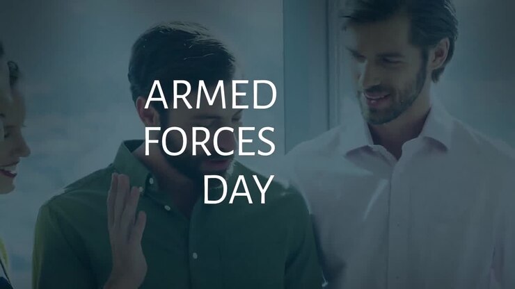 Animation of armed forces day over happy caucasian coworkers in office