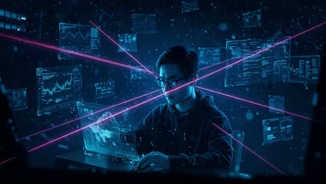 a cybersecurity expert thoroughly examines data trends and identifies network vulnerabilities within a cutting-edge technological workspace