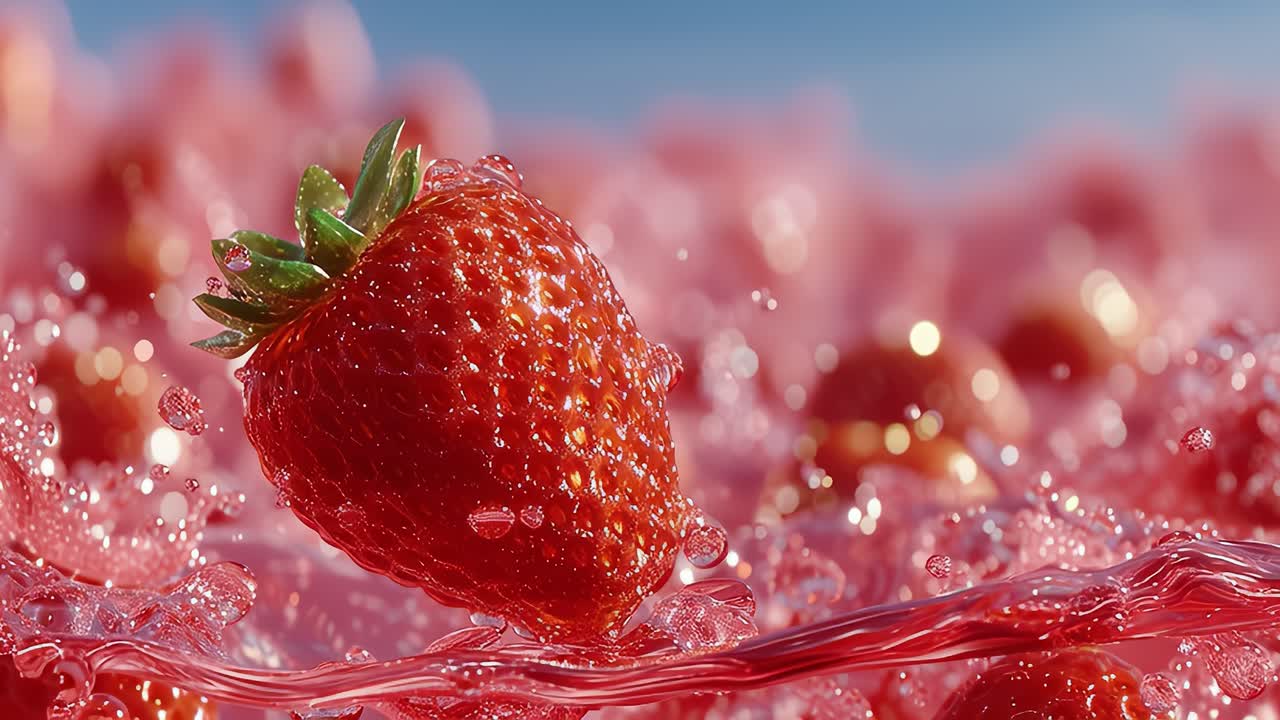 Fresh strawberry splashing into pink liquid