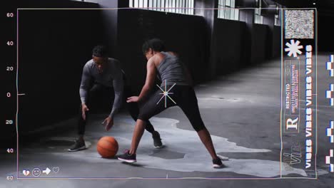 Digital-animation-of-video-game-interface-against-man-and-woman-playing-basketball