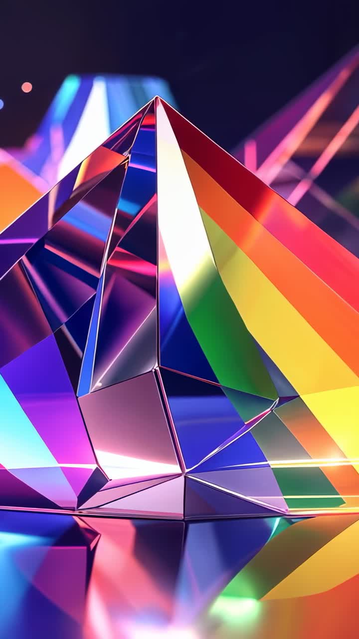 Vertical video: Rotating colored lights casting rainbow glows across prism, mirrored base in studio